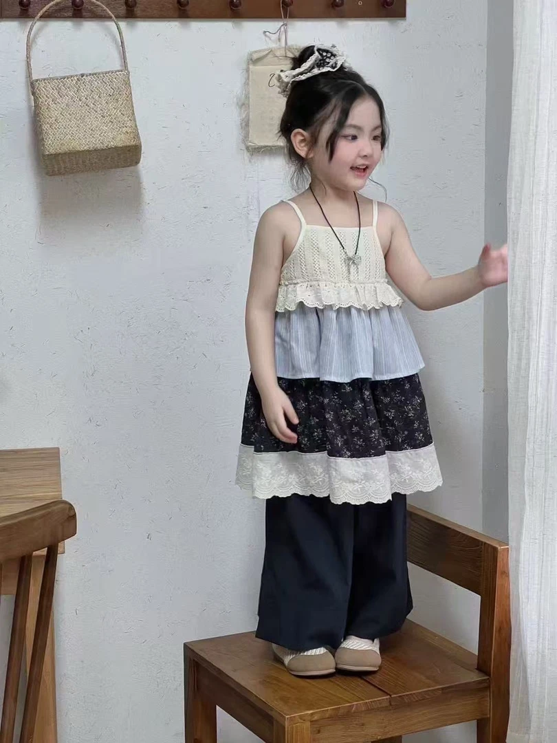 「森系精灵」吊带蕾丝花边碎花拼接田园风裙