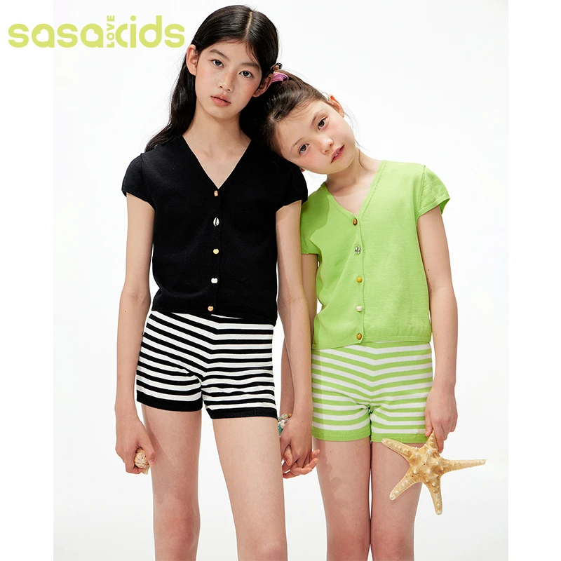 sasakids 黑色定制手缝冰竹凉感v领木质扣开衫清凉舒适短袖T恤夏