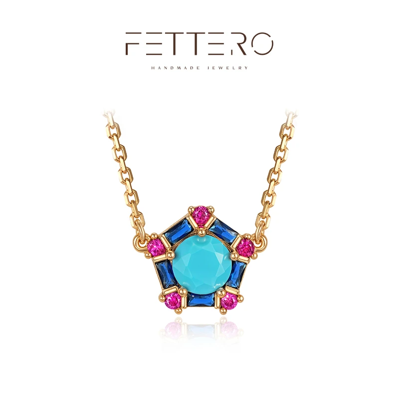 fettero 铜合金项链 【金色六边形T锆项链】蓝色古法彩色镶嵌