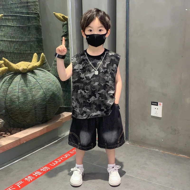 男童夏季套装2025新款儿童服装男孩夏装潮酷衣服宝宝无袖背心童装