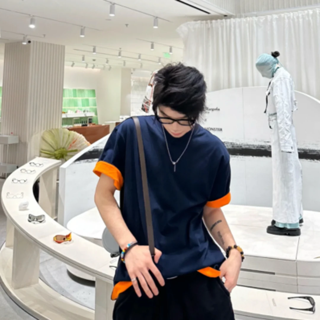 《TT专属》BV假两件蓝橙拼接短袖