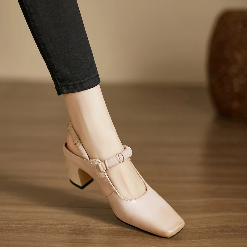 小个子手工女鞋6cm~复古方头后空凉鞋不累脚粗跟妈妈鞋气质高跟鞋