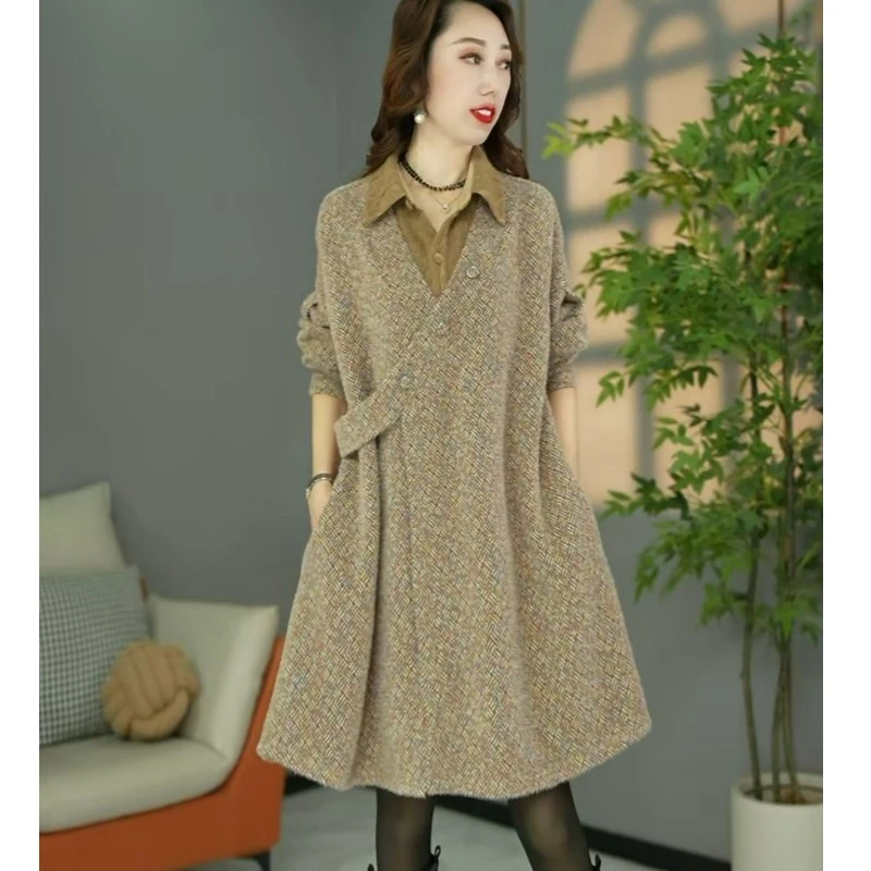 原创设计师款冬季高货欧版加厚保暖假两件宽松遮肉连衣裙打底裙