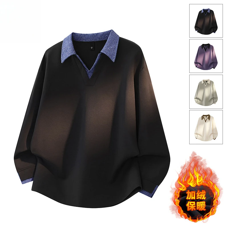 假两件撞色翻领加绒卫衣男2025秋冬复古宽松V领口简约长袖polo衫