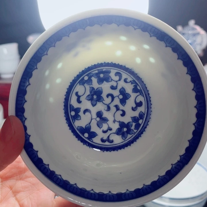 青花玲珑5寸饭碗紫荆花有花