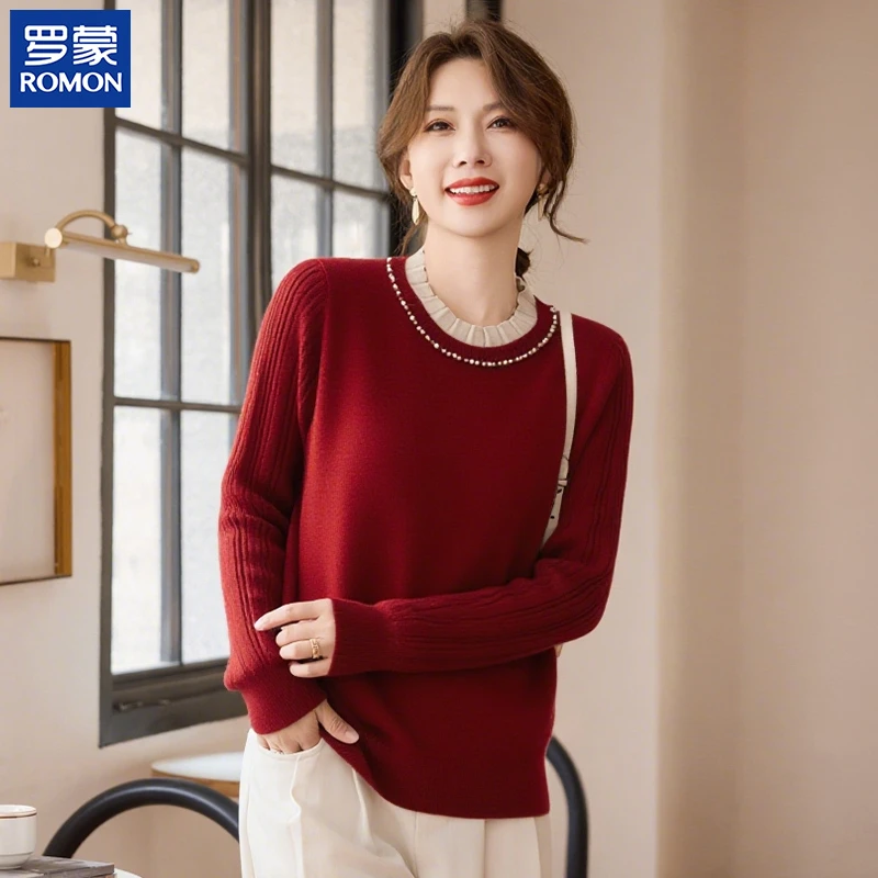 罗蒙时尚气质秋季纯色妈妈装中年木耳边钉珠长袖中老年女秋款小衫