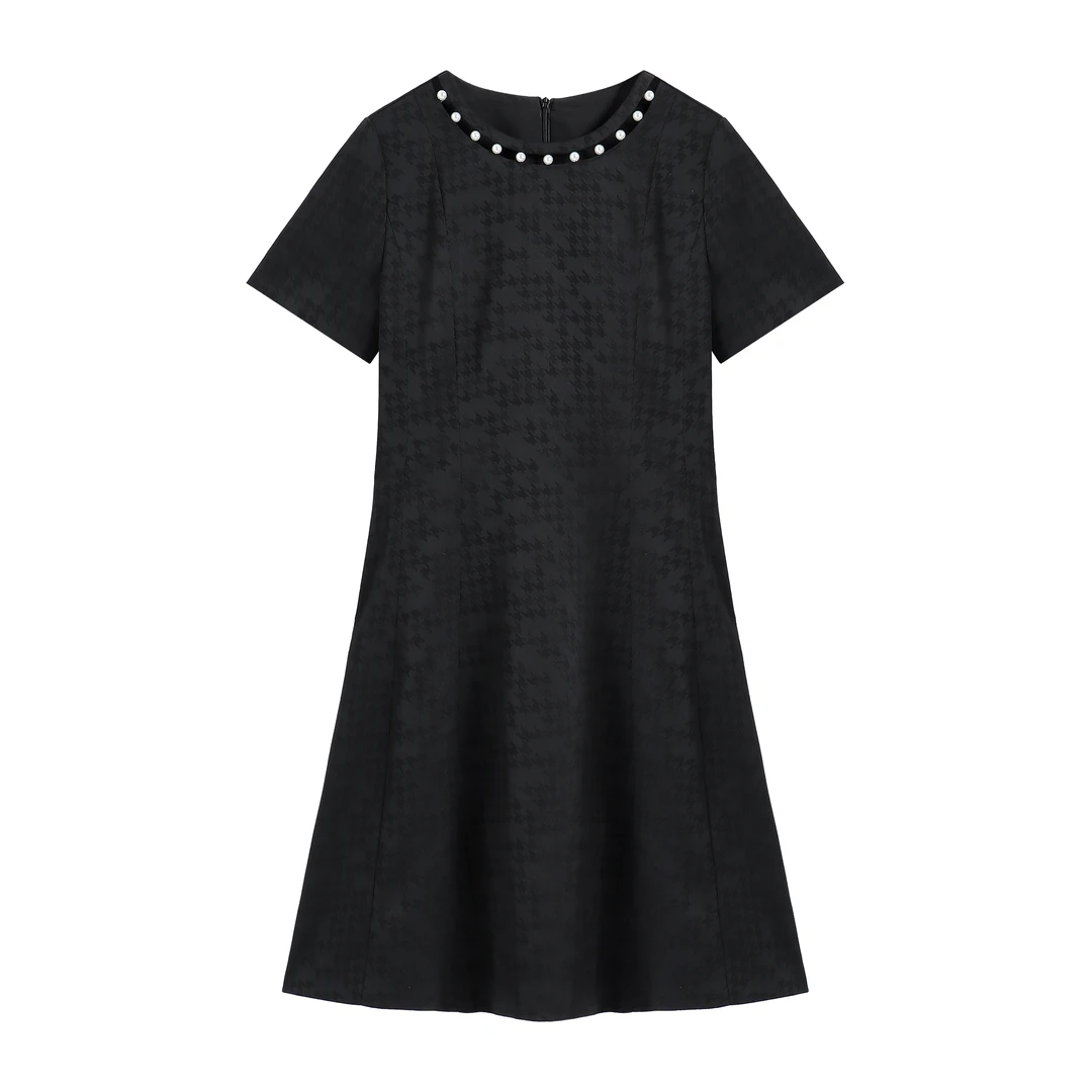 【南油虹姐】夏季新款高级感暗花千鸟格手工圆领装饰A字连衣裙裙子