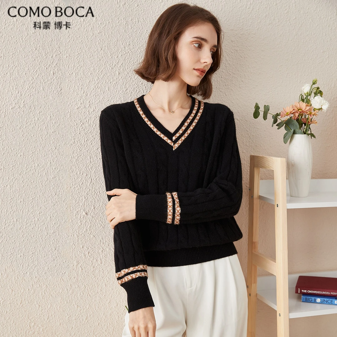 COMOBOCA/科蒙·博卡25秋冬V领不规则交叉提花针织纯山羊绒KSQ3364
