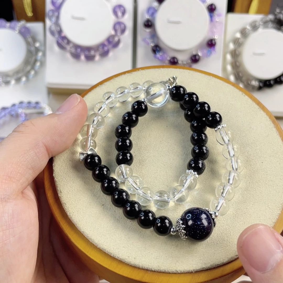 黑曜岩手饰银S925镀金镶嵌