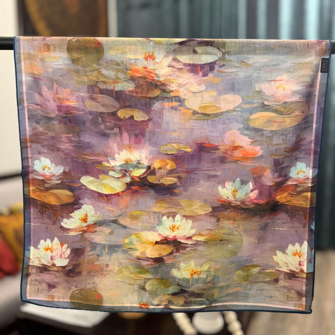 【A56-79 莫奈睡莲】70*70丝毛新款潮流女士复古围巾保暖丝巾