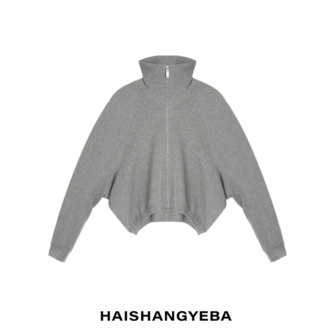 【海上叶爸】新款2024秋冬百搭绵羊毛宽松立领宽松拉链蝙蝠袖毛衣