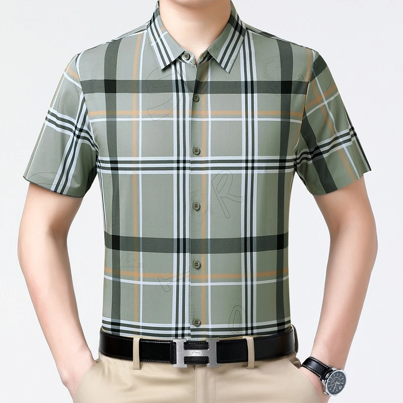 高端男士格子2024新款中年爸爸装桑商务衬衣