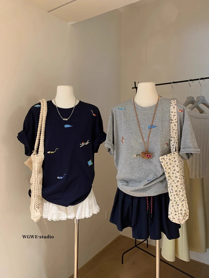 胖妹妹240斤大码纯棉休闲卡通刺绣短袖女上衣2025夏季新款宽松T恤