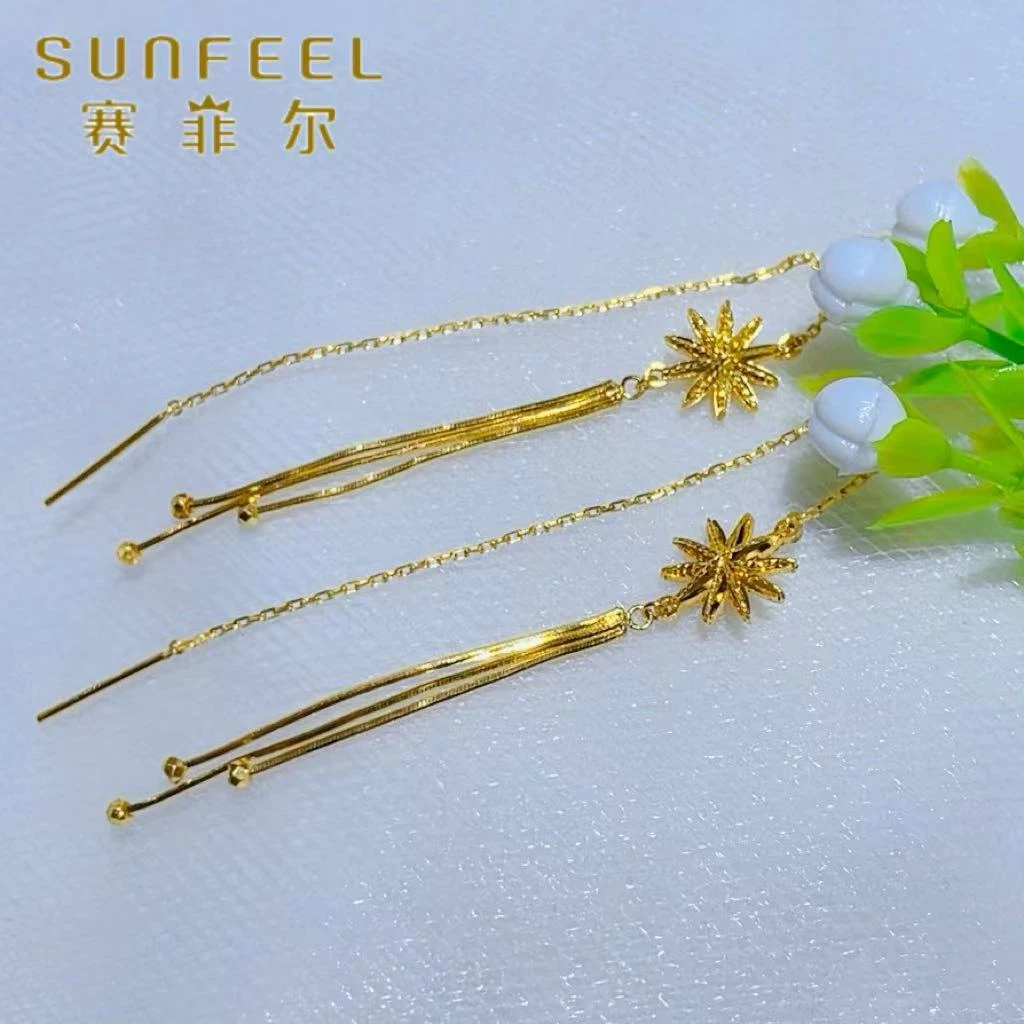 SUNFEEL/赛菲尔黄金足金拉丝十芒星黄金耳线流苏长耳饰5G精工