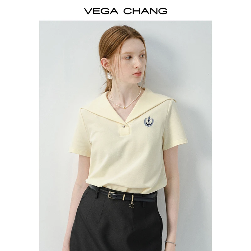 VEGA CHANG短袖女t恤2026新款夏季通勤休闲海军领刺绣上衣0328LW