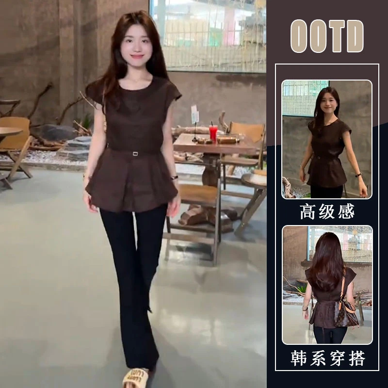 千金风显瘦时尚套装2025夏季新款休闲风洋气收腰上衣修身黑色裤子