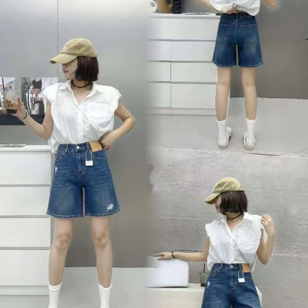 夏季蓝色时尚百搭中腰显瘦女五分休闲牛仔短裤薄款6695