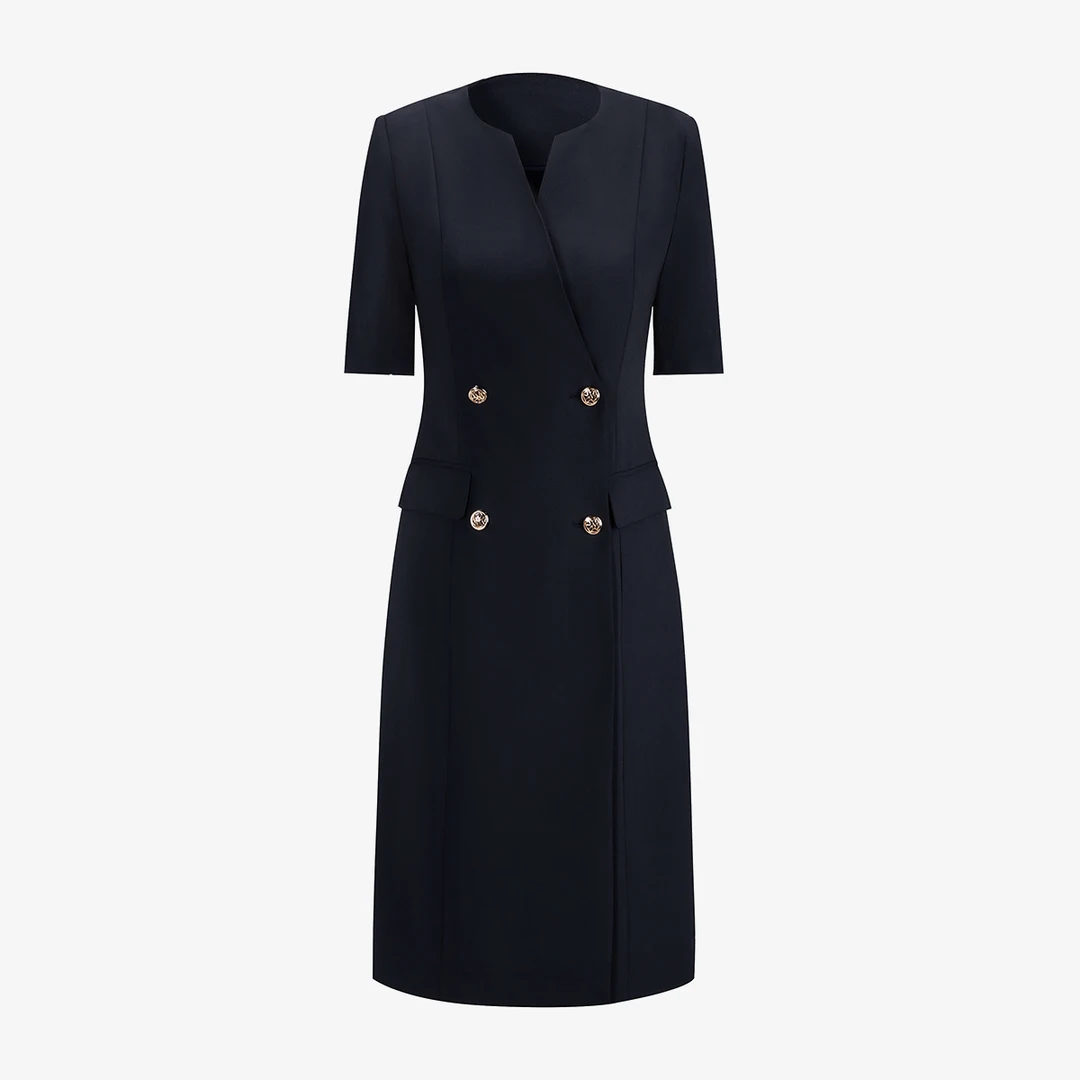 2025夏季新款深藏青西装气质连衣裙女夏款短袖高档中长款修身收腰