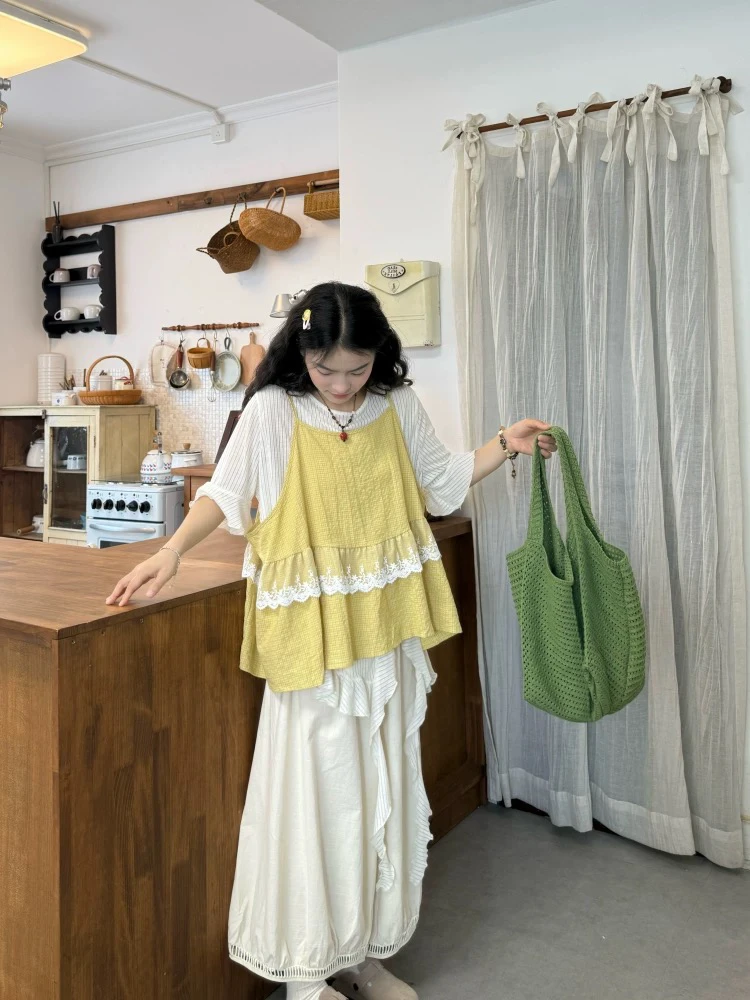 「小吴家」微胖mm复古日系花边拼接马甲叠穿短袖T恤阔腿裤三件套