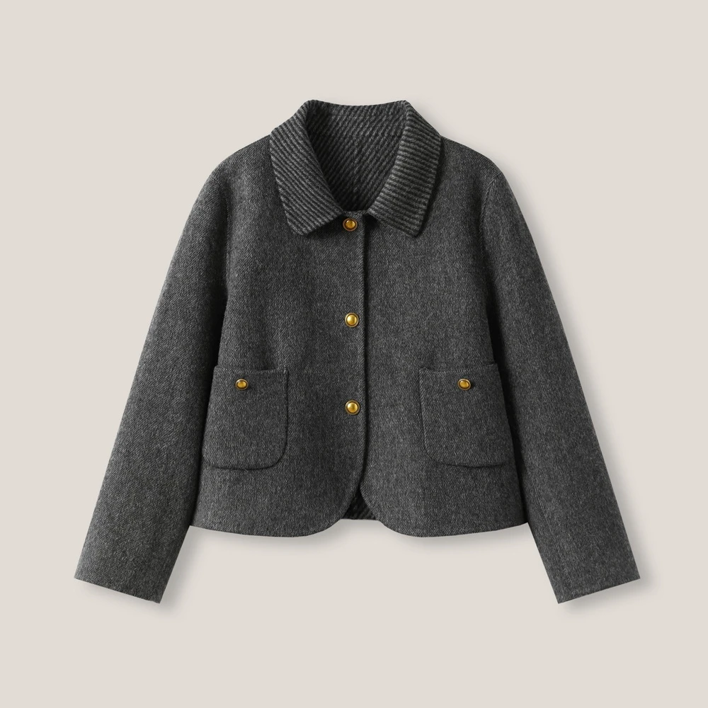 金属扣休闲百搭翻领双面毛呢长袖外套ss26511