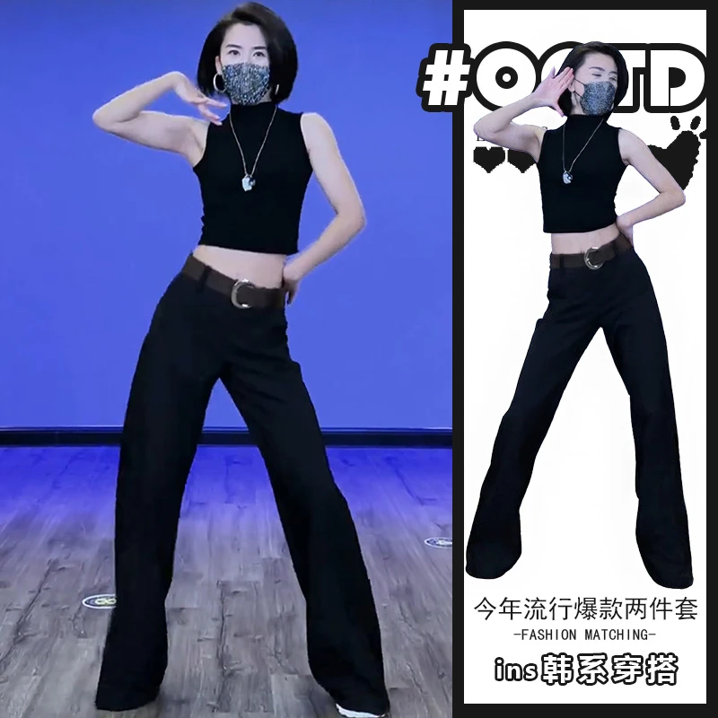 甜酷风独特洋气两件套夏季赫本风辣妹黑色短款上衣高腰垂感拖地裤