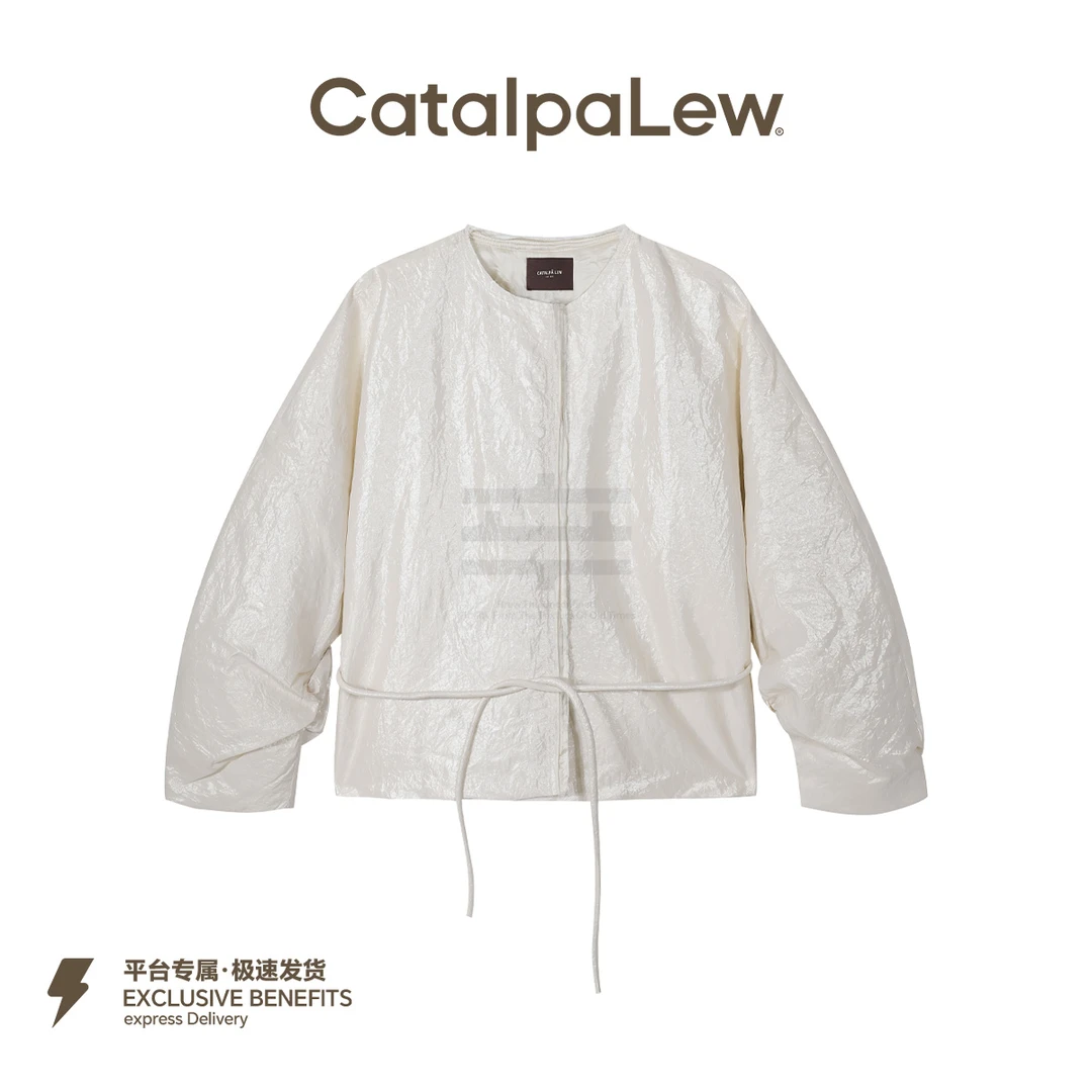 CatalpaLew「椿日叙」墟生美学浮光锦圆领系带茧型羽绒外套#C53707