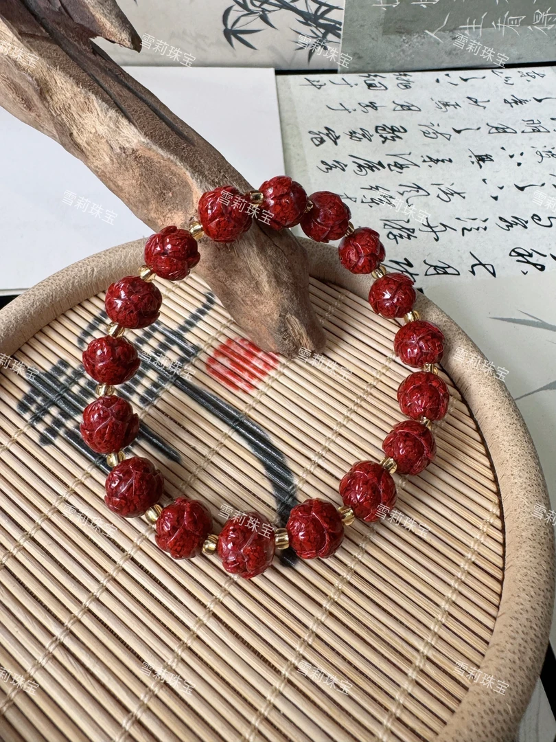 含辰砂工艺品【雪莉珠宝】朱砂晶体砂素圈莲花手链卡8【不可火烧】