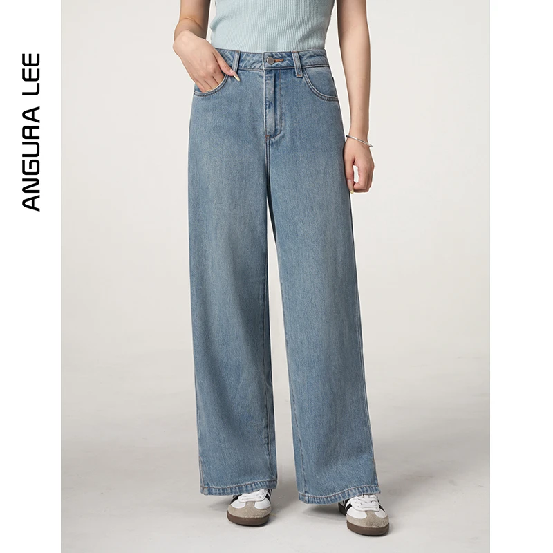 Angura Lee夏季薄款怀旧百搭浅蓝开叉高腰窄版直筒阔腿牛仔裤