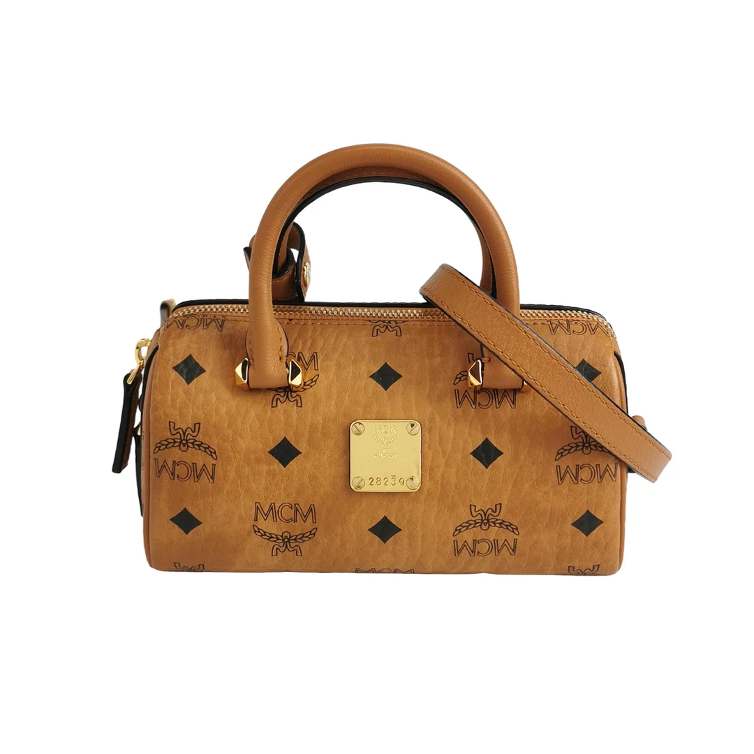 95新 MCM 干邑色印花logo迷你波士顿包枕头包单肩手提斜挎包