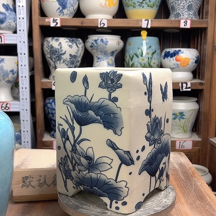 陶四方盆青花荷花微瑕