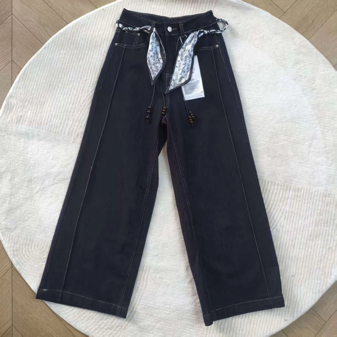 大表姐家花色束带普洗蓝高腰牛仔裤休闲89755-1