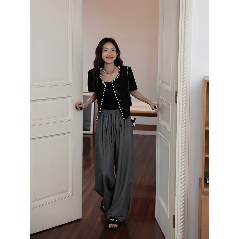 张贝贝ibell 高级感休闲西裤女 薄宽松百搭阔腿抽绳拖地裤