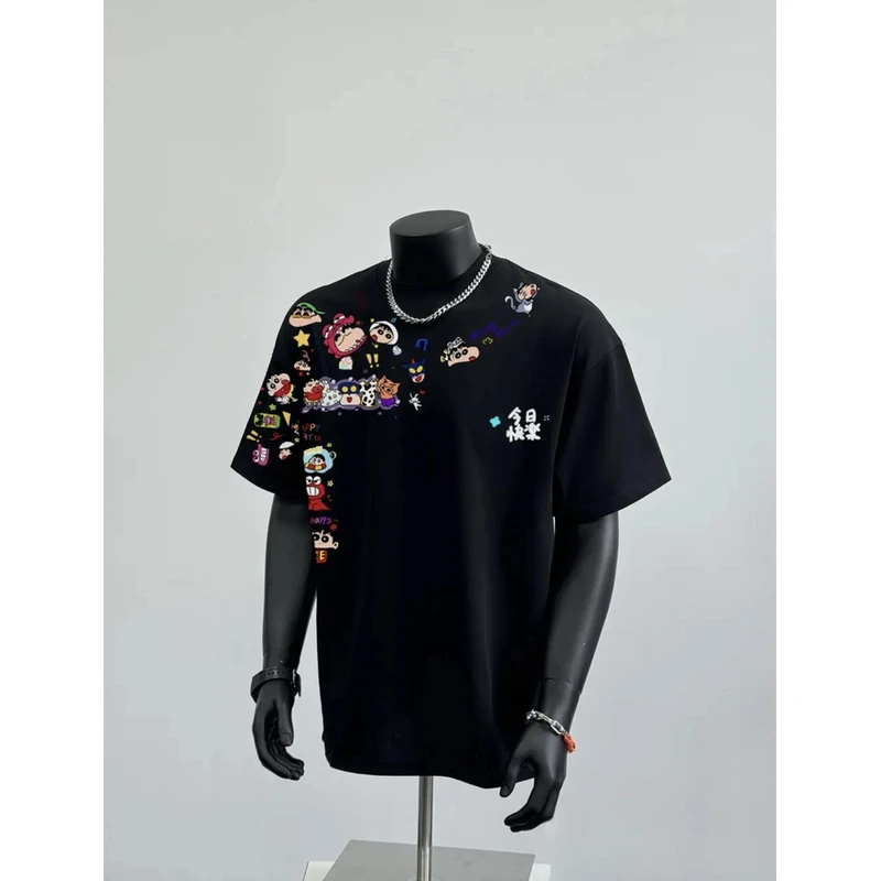 夏季新款高级感男装纯棉短袖男t恤蜡笔小新印花t恤宽松圆领打底衫