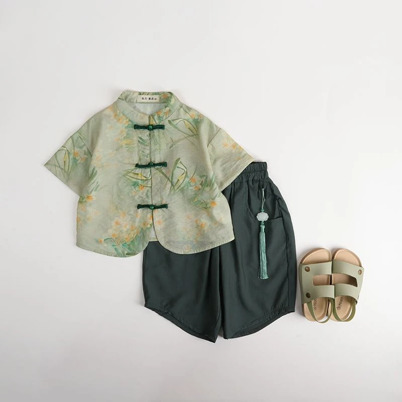 男童夏季套装2025儿童短袖国风薄款开衫衬衫夏款宽松复古裤子套装