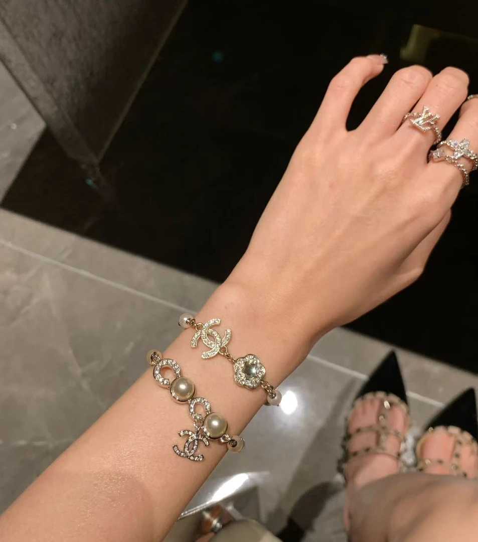 合金手链 小香风正确版25P山茶花双手链镶钻COCO珍珠轻奢手饰