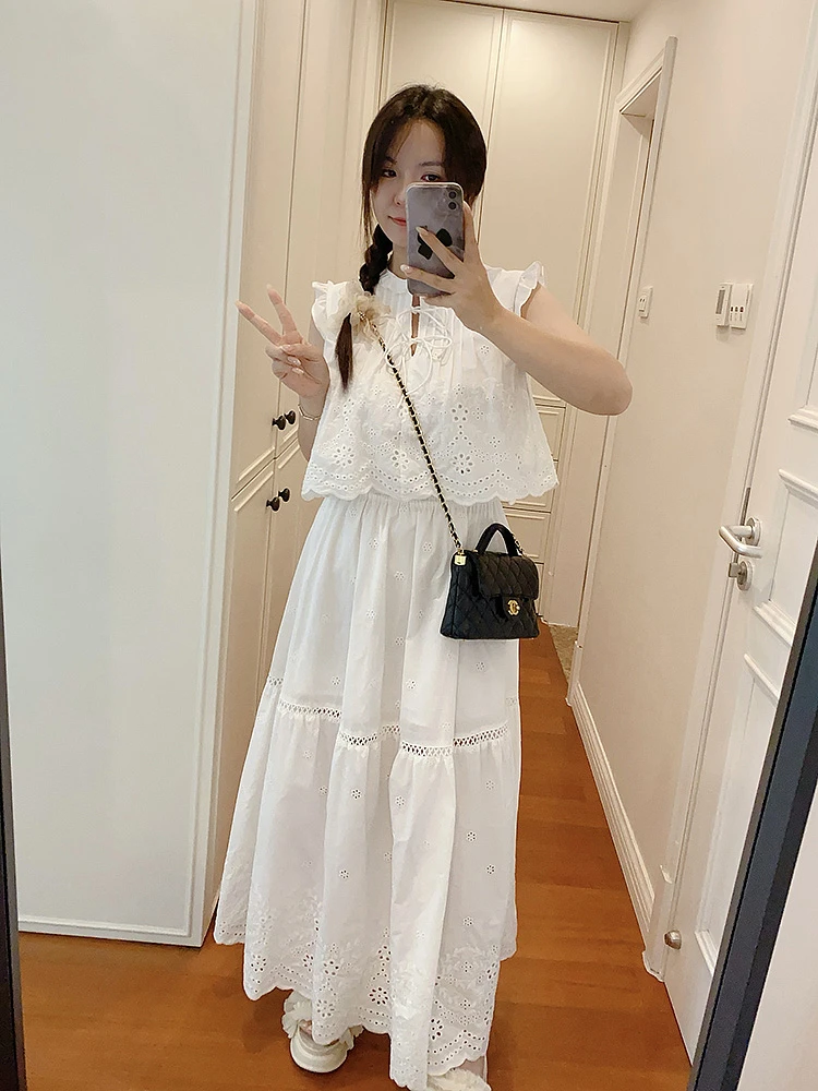 日系中国限定夏白色初恋裙纯棉蕾丝刺绣花边衬衫短上衣半身裙套装