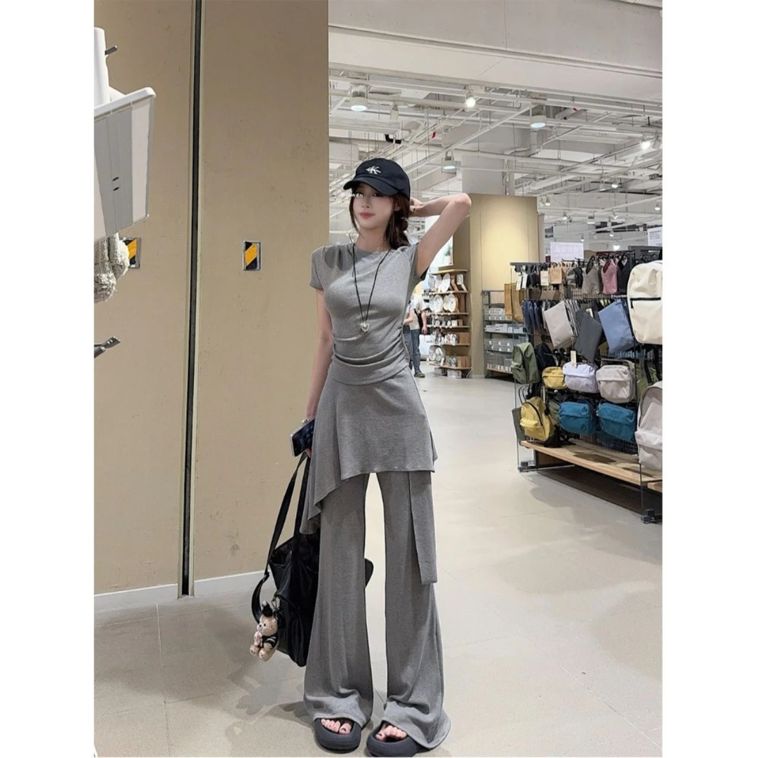 辣妹收腰显瘦短袖T恤女夏季套装不规则微喇叭裤休闲裤时尚两件套