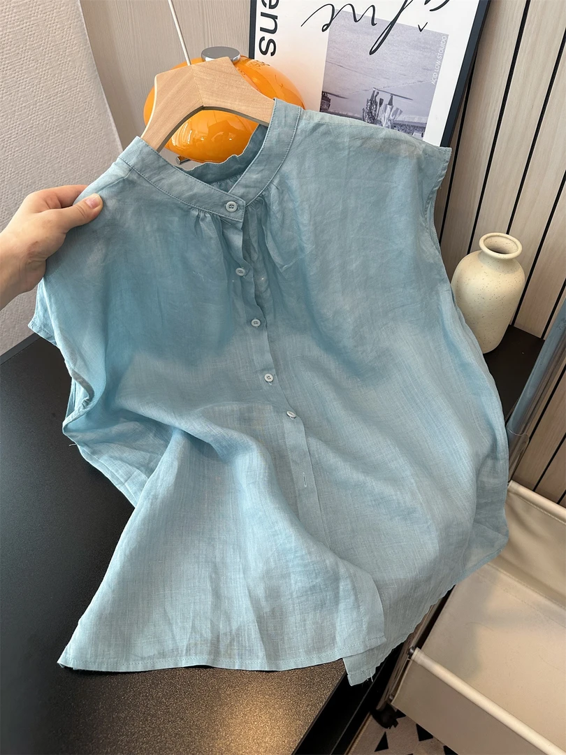 蓝色苎麻宽松无袖小衫女2025年夏季新款韩货洋气高级感轻奢薄上衣