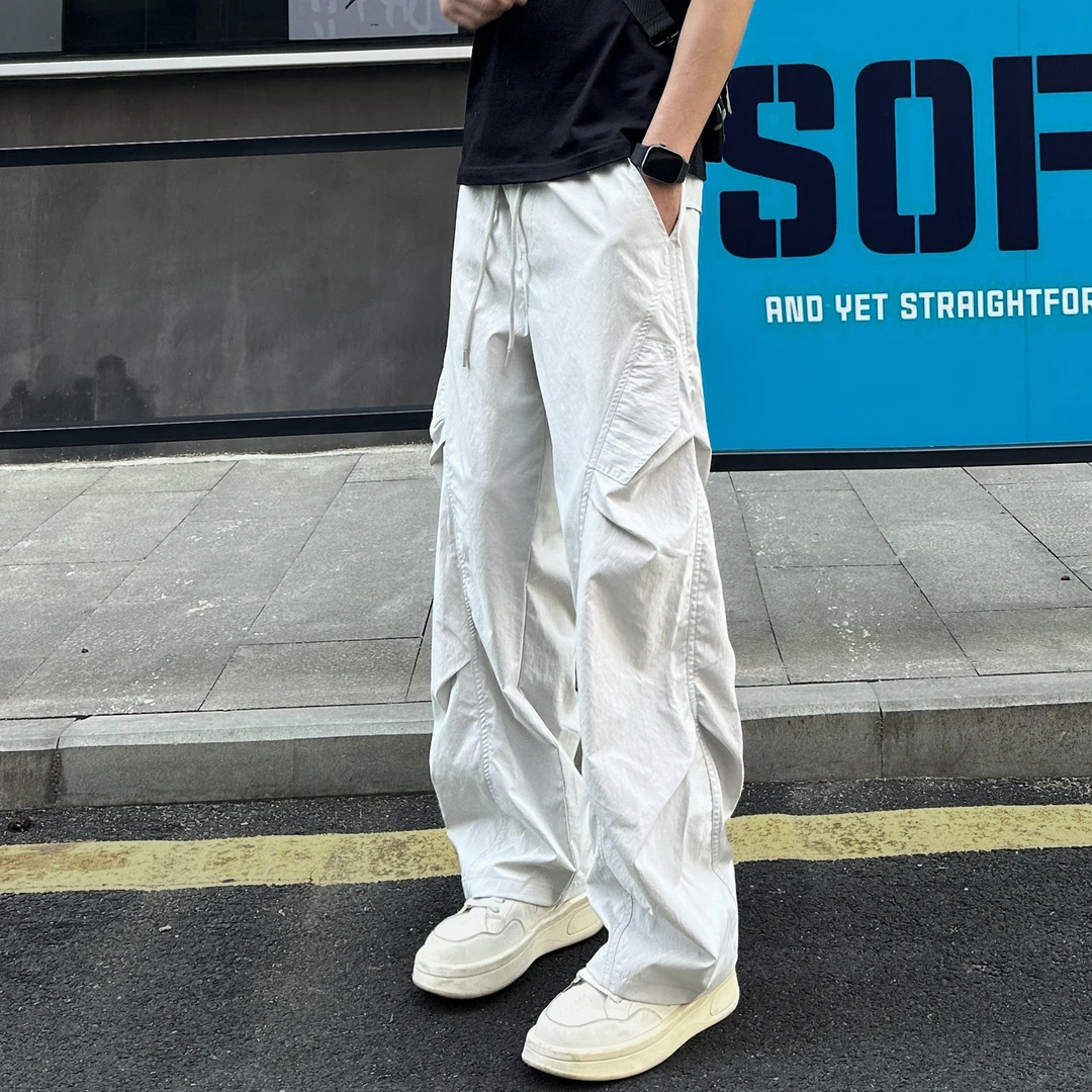 QUALCOMM夏季薄款美式户外速干工装裤男女同款皱感潮流直筒休闲裤