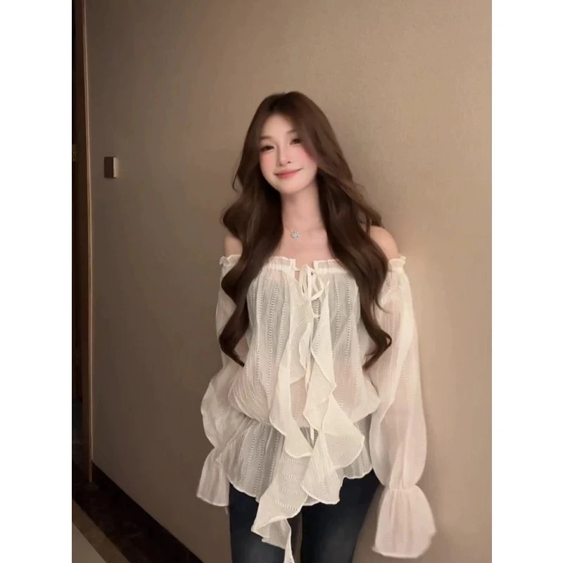 一字领露肩上衣女微透罩衫荷叶边法式长袖防晒宽松衬衫