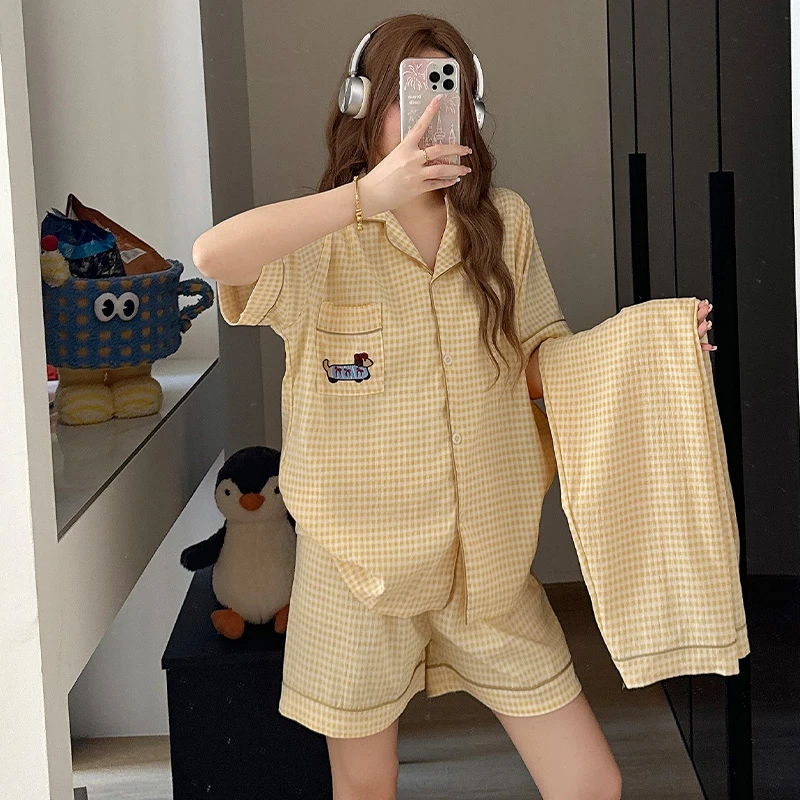 韩版芝士腊肠狗睡衣女士夏季新款可爱卡通三件套居家服亲肤可外穿