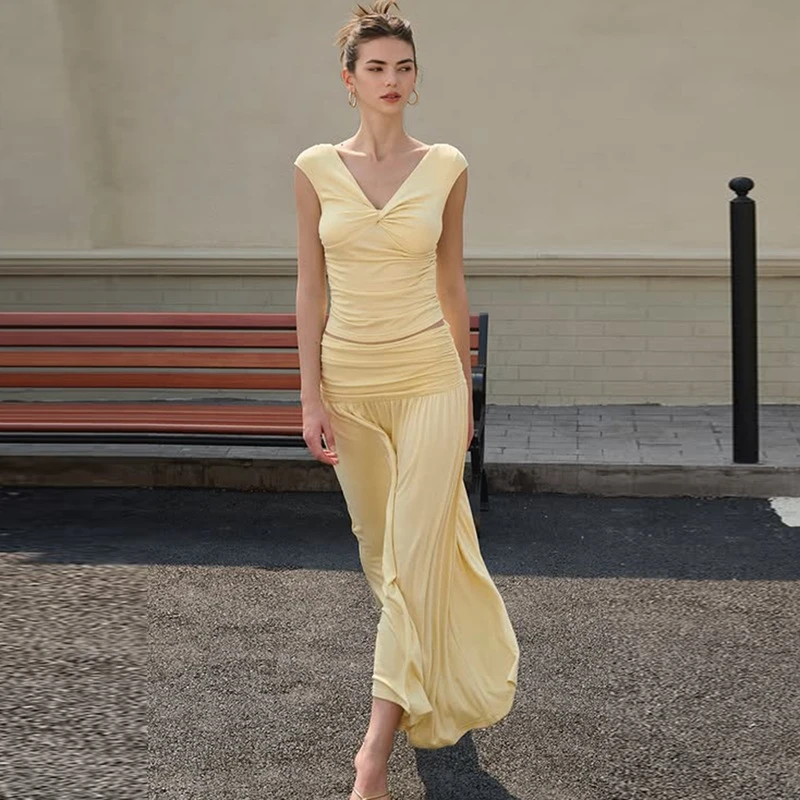 欧美风新款纯色V字领胸前扭结上衣褶皱高腰半身裙两件套