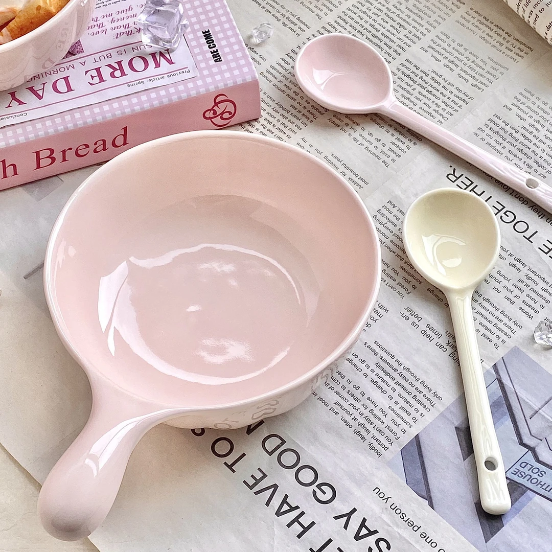 奶油色餐具陶瓷手柄碗家用耐高温一人食大容量奶油泡面饭碗HR