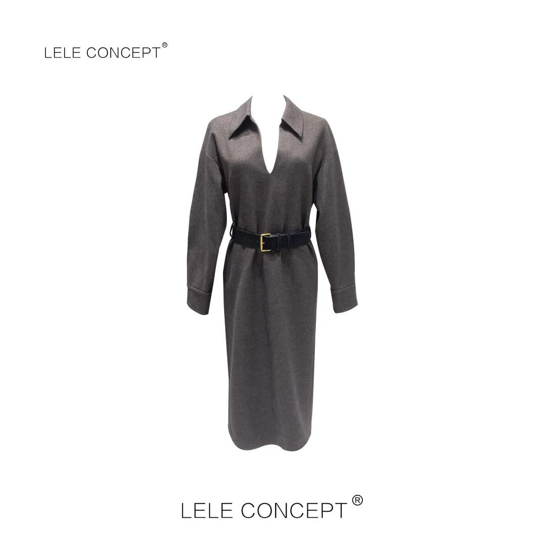 LELE CONCEPT｜「夭夭」时尚潮流小V领气质百搭腰带连衣裙Q0427