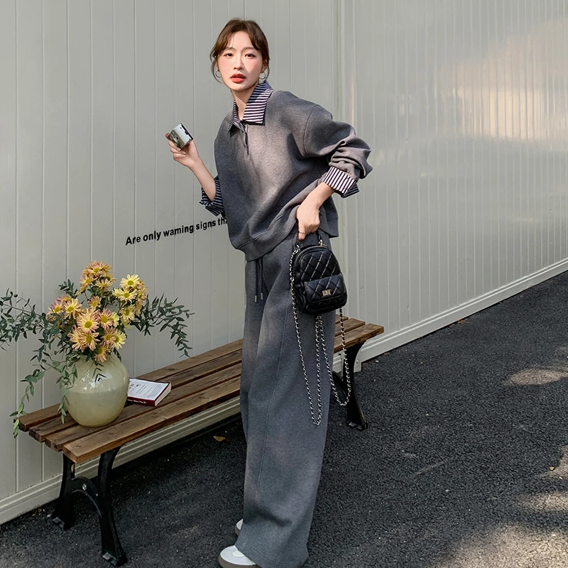 休闲运动条纹拼接灰色卫衣阔腿裤套装女2025春秋季新款ootd两件套