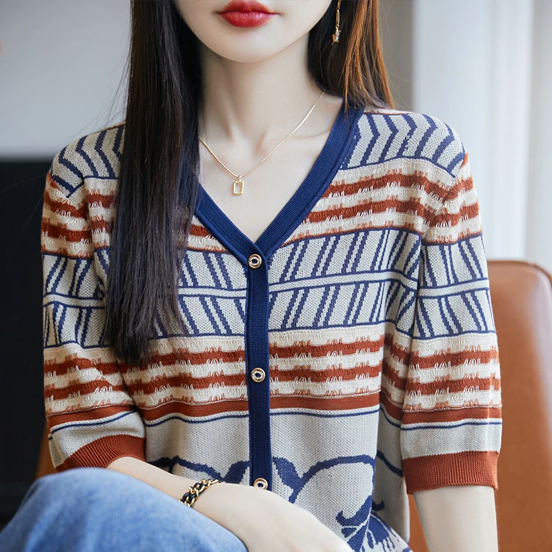 夏季新款莱赛尔V领条纹短袖针织复古开衫女款百搭洋气拼色上衣