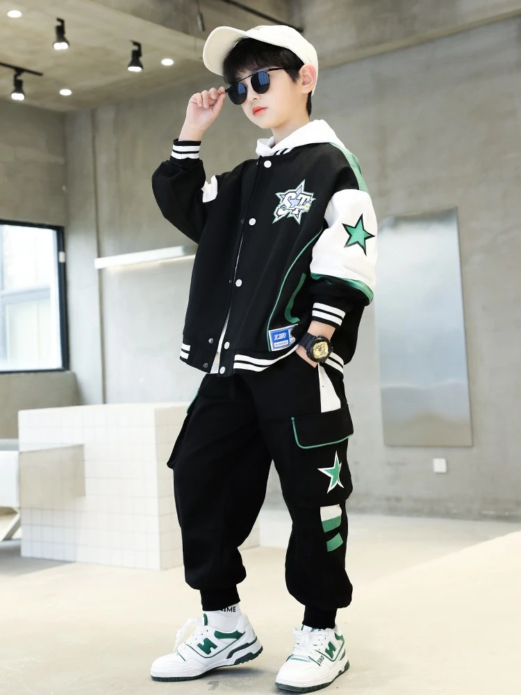 男童春秋装套装2025新款中大儿童春季男孩酷帅棒球服时髦运动服潮