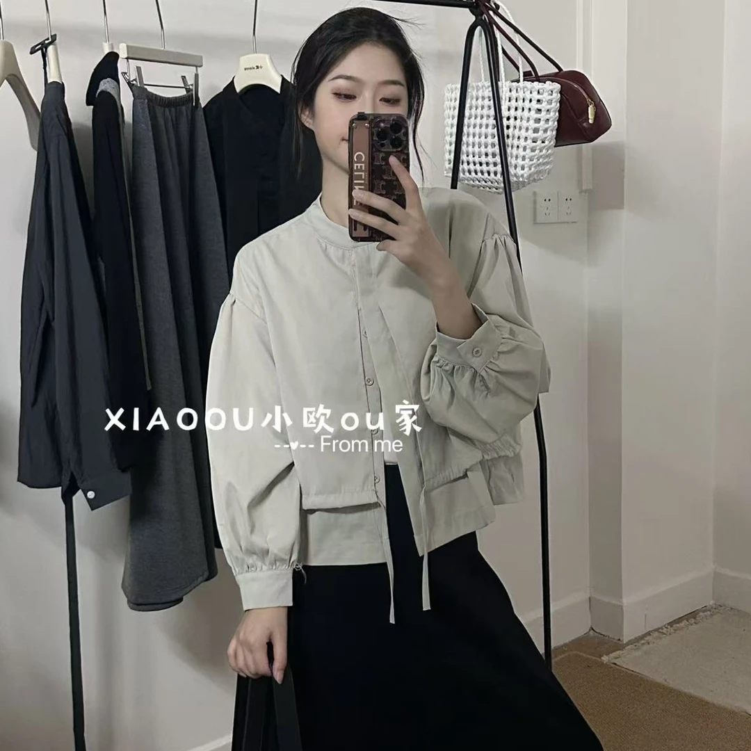 OU女春秋高级感单排扣抽绳上衣韩版宽松洋气减龄假两件长袖外套