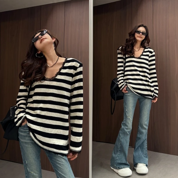 Aila｜春季新款条纹时尚蕾丝边V领T恤宽松百搭显瘦长袖上衣