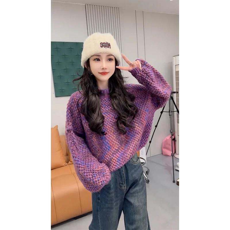 2025秋冬时尚减龄紫色圆领短款针织毛衣套头小个子穿搭洋气时尚女